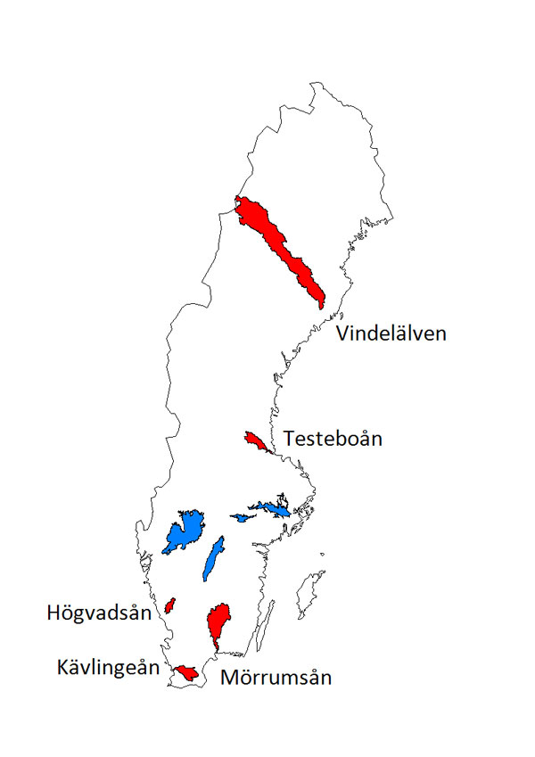 Karta som visar lokalisering av Sveriges indexvattendrag. Illustration.