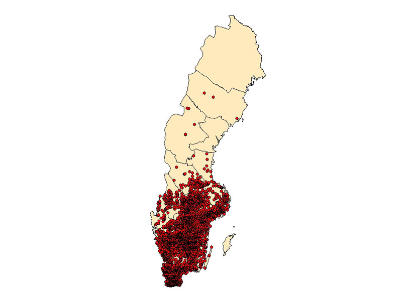Kartbild med röda prickar som visar förekomst av signalkräfta i Sverige, maj 2020.